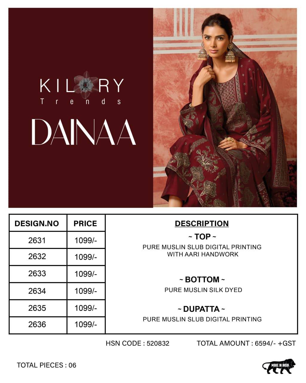 DAINAA BY KILORY TRENDS 2631 To 2636 Series Stylish Beautiful Colourful PURE MUSLIN Dresses At Wholesale Price
